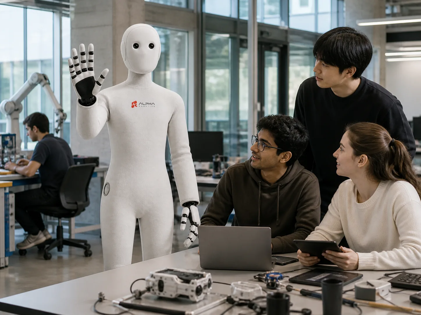 Alpha humanoid robot working with students in a robotics lab