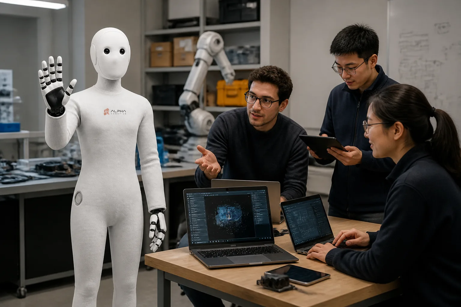 Alpha Robotics engineers testing a humanoid robot in the lab