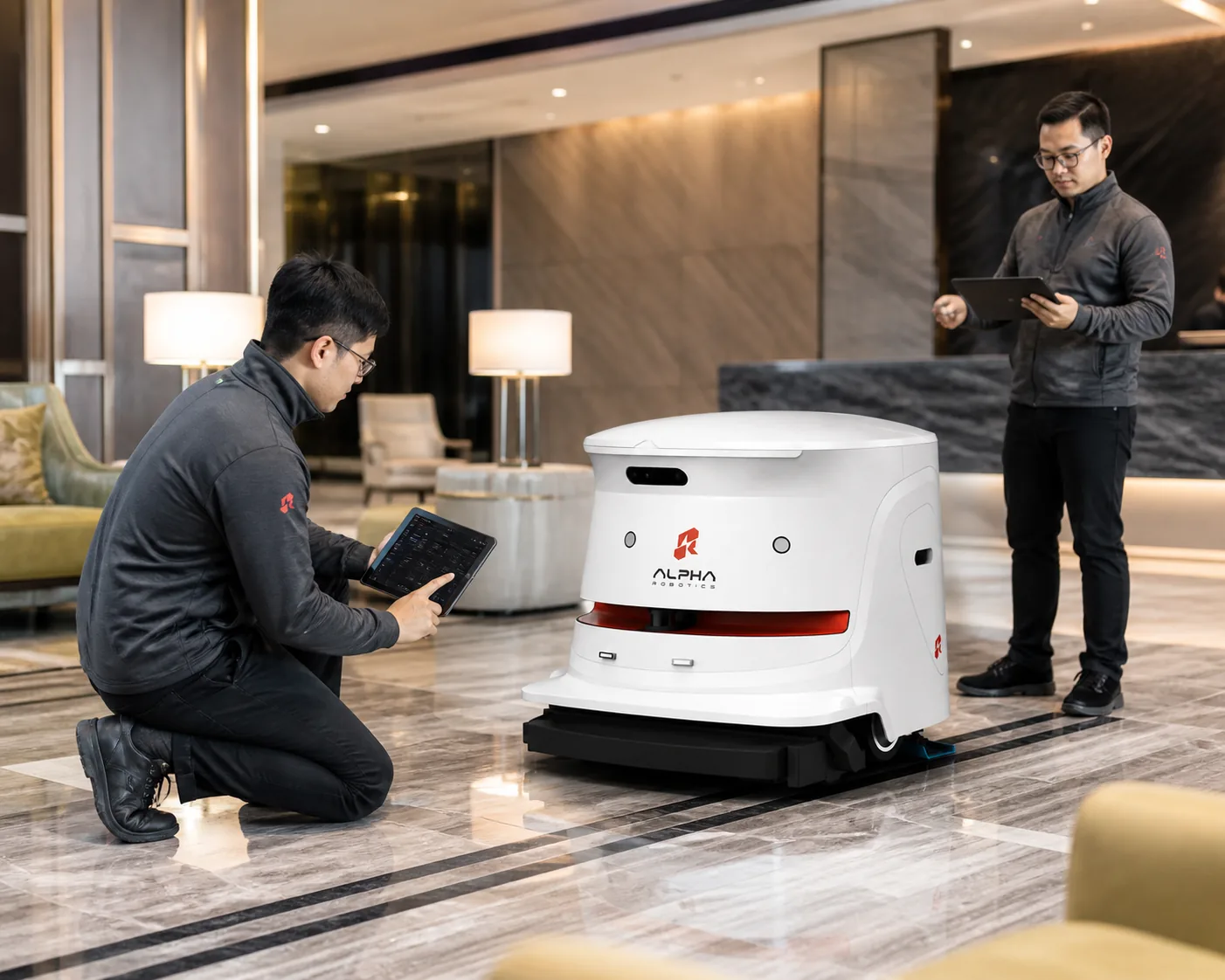Alpha Robotics technicians commissioning a service robot