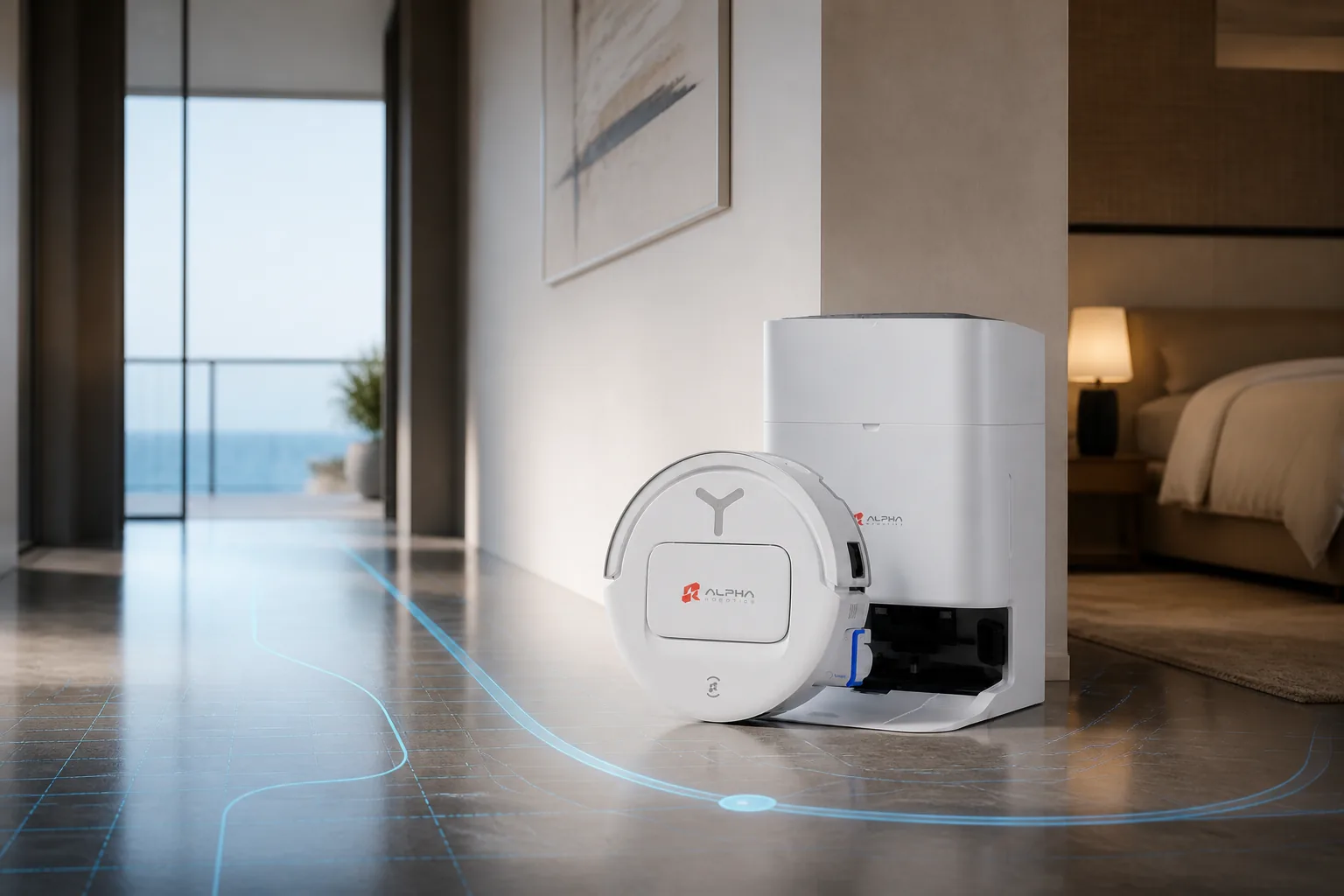 Alpha robot vacuum and self-emptying dock in a hospitality suite