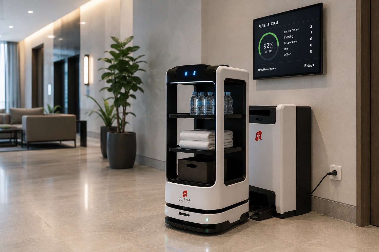 Alpha robot docked in a hospitality environment